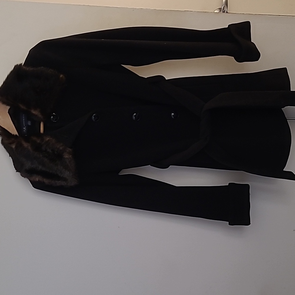 Anne Klein Black Trench Coat with Faux Fur Collar size L